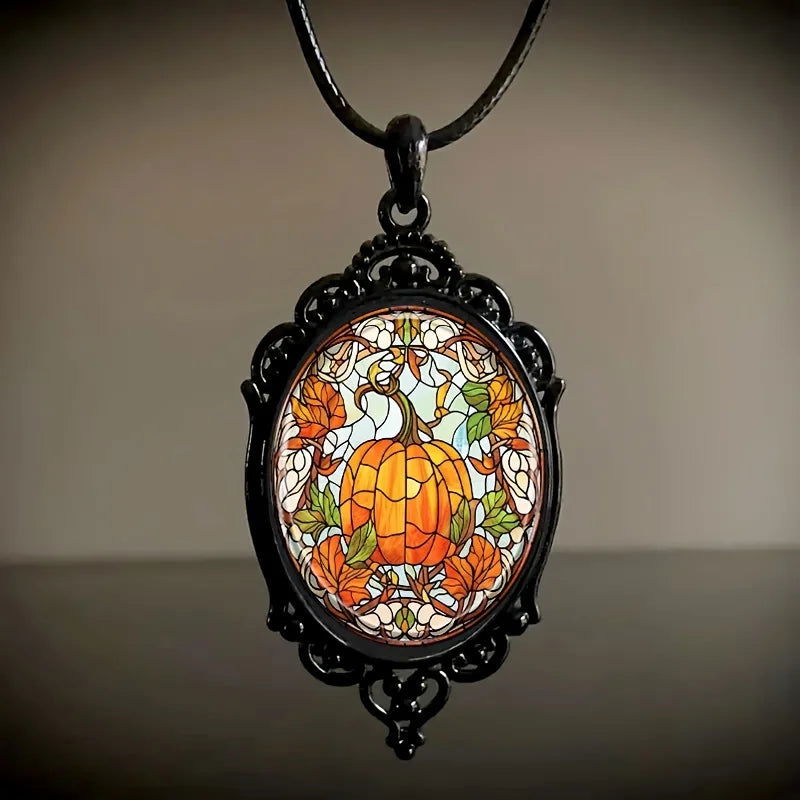 1pc Elegant Oval Glass Pendant Necklace With Pumpkin Pattern - Bilankas.world