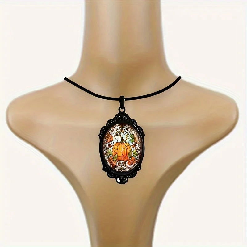 1pc Elegant Oval Glass Pendant Necklace With Pumpkin Pattern - Bilankas.world