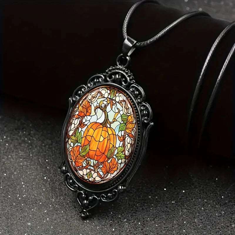 1pc Elegant Oval Glass Pendant Necklace With Pumpkin Pattern - Bilankas.world
