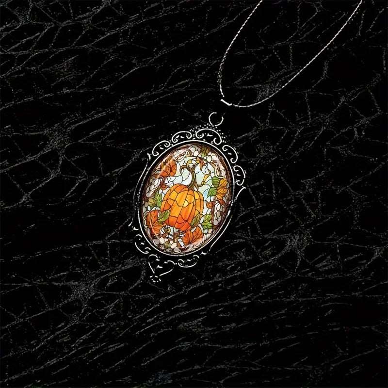 1pc Elegant Oval Glass Pendant Necklace With Pumpkin Pattern - Bilankas.world