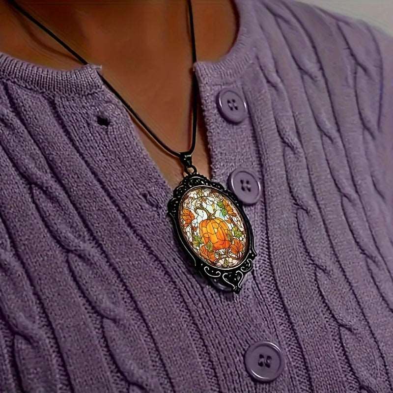 1pc Elegant Oval Glass Pendant Necklace With Pumpkin Pattern - Bilankas.world