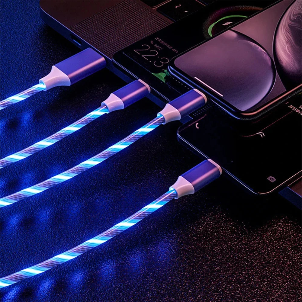 3-in-1 Glowing LED Light USB Cable – Fast Charging Luminous Charger for iPhone, Type-C, and Micro USB Devices
