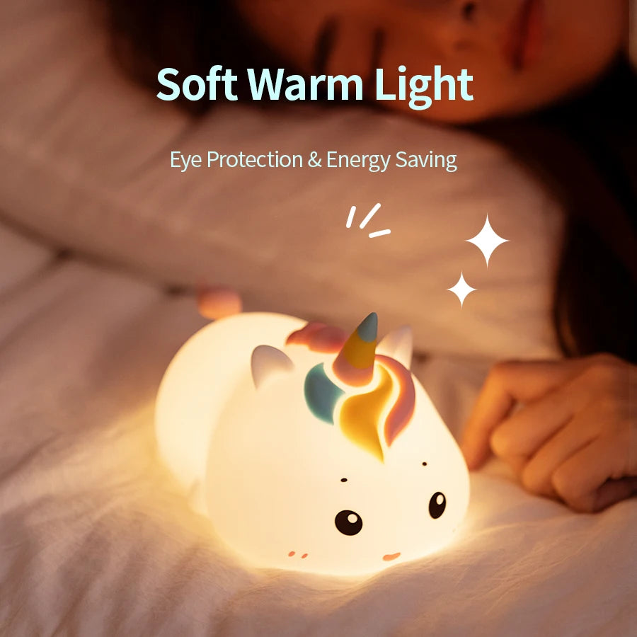 Rechargeable Silicone Unicorn LED Night Lamp with Remote Control – Dimmable Bedside Mood Light & Creative Gift - Bilankas.world