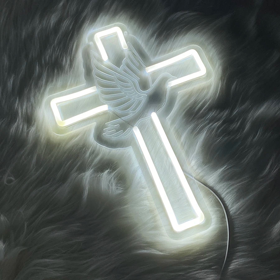 LED Cross & Dove Neon Sign, USB Wall Light | Faith-Inspired Decor for Bedroom and Living Space