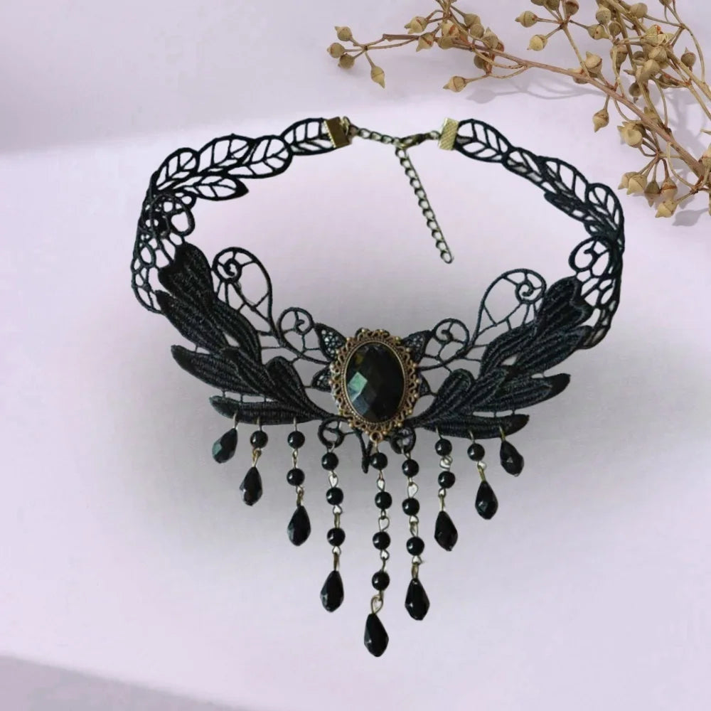Gothic Black Lace & Beaded Choker Necklace – Sexy and Elegant Gift Accessory - Bilankas.world