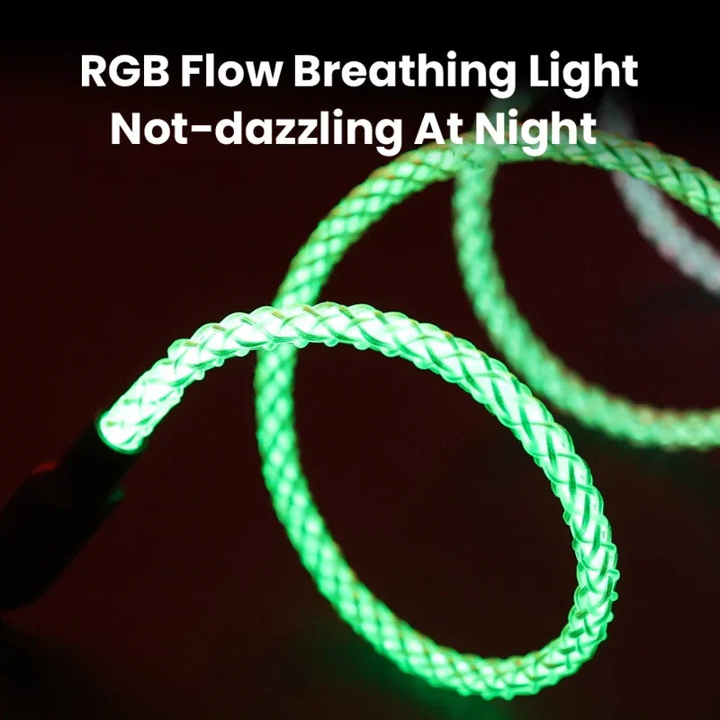 100W Fast Charging RGB Cable with Breathing Light – Type C USB Data Cable for Quick Charge