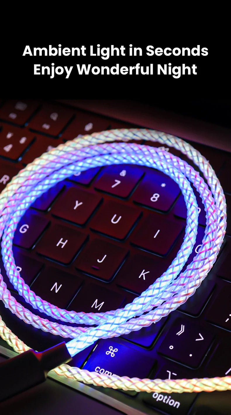 100W Fast Charging RGB Cable with Breathing Light – Type C USB Data Cable for Quick Charge