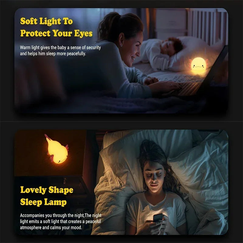 Adorable Axolotl Night Light – Perfect Gift for Babies & Kids | Soft Silicone Touch-Control Nursery Lamp, USB Rechargeable