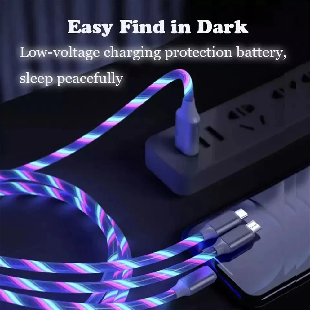 3-in-1 Glowing LED Light USB Cable – Fast Charging Luminous Charger for iPhone, Type-C, and Micro USB Devices