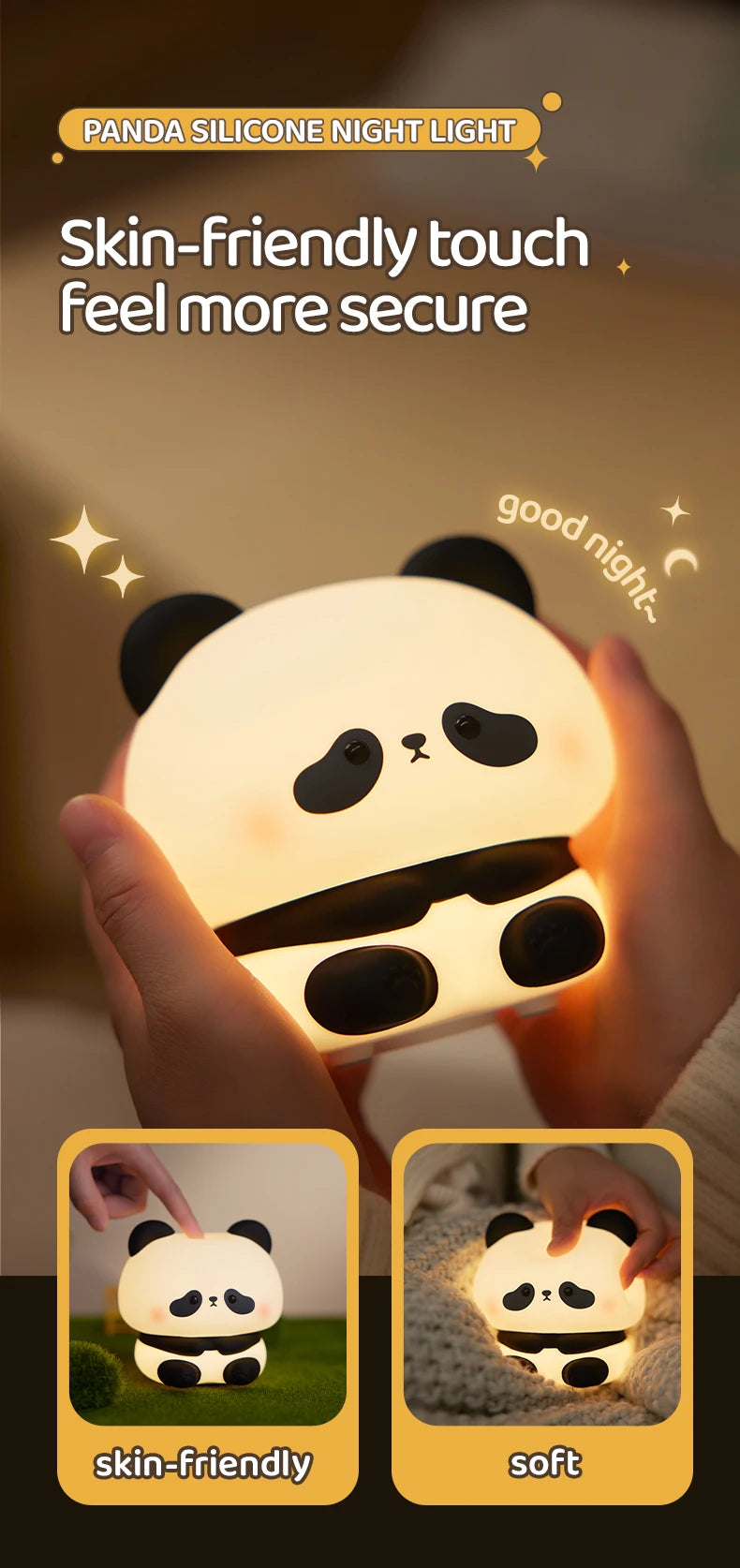 Cute Panda LED Night Light – Silicone Touch Lamp, USB Rechargeable with Timing Function, Perfect Gift for Children - Bilankas.world