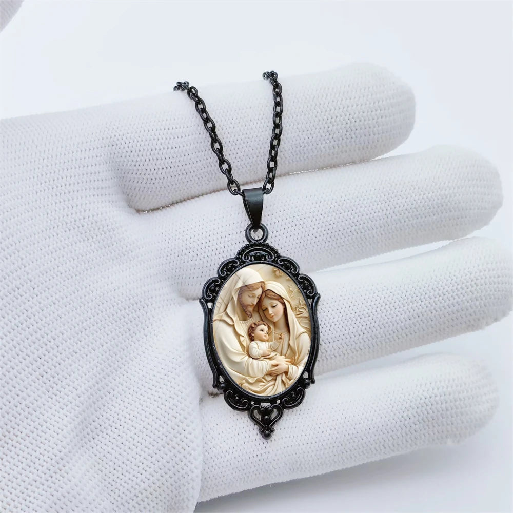 Elegant Mary Jewelry– Black Lace Oval Design with Handmade Glass Dome