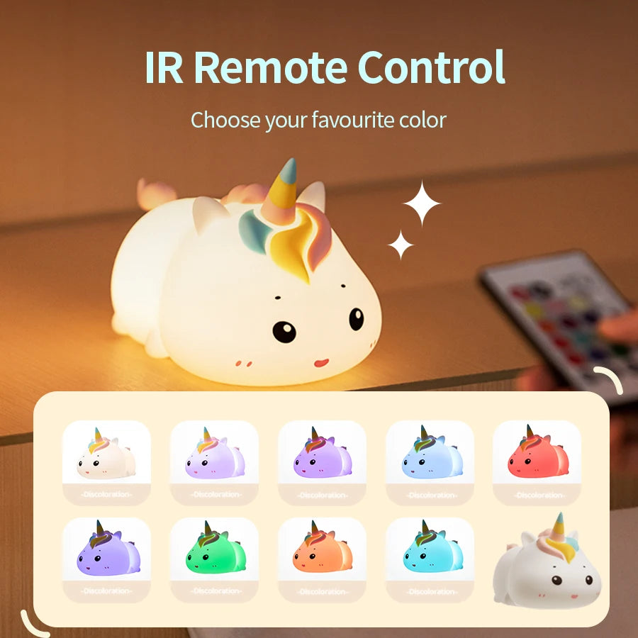 Rechargeable Silicone Unicorn LED Night Lamp with Remote Control – Dimmable Bedside Mood Light & Creative Gift - Bilankas.world