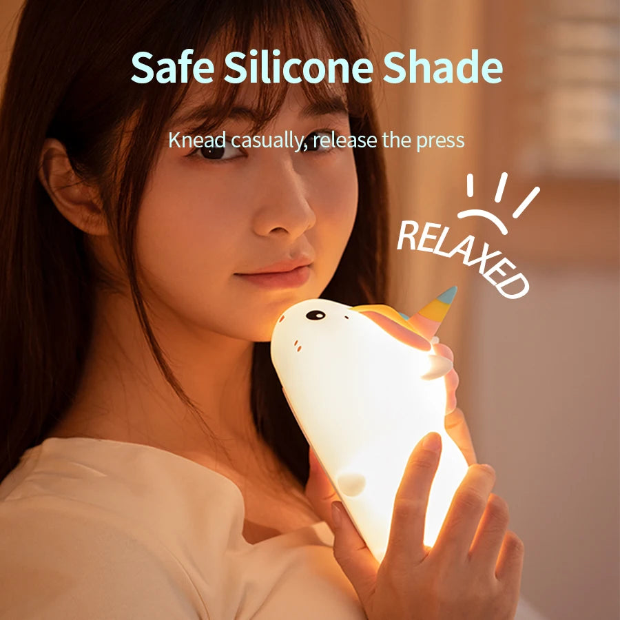 Rechargeable Silicone Unicorn LED Night Lamp with Remote Control – Dimmable Bedside Mood Light & Creative Gift - Bilankas.world