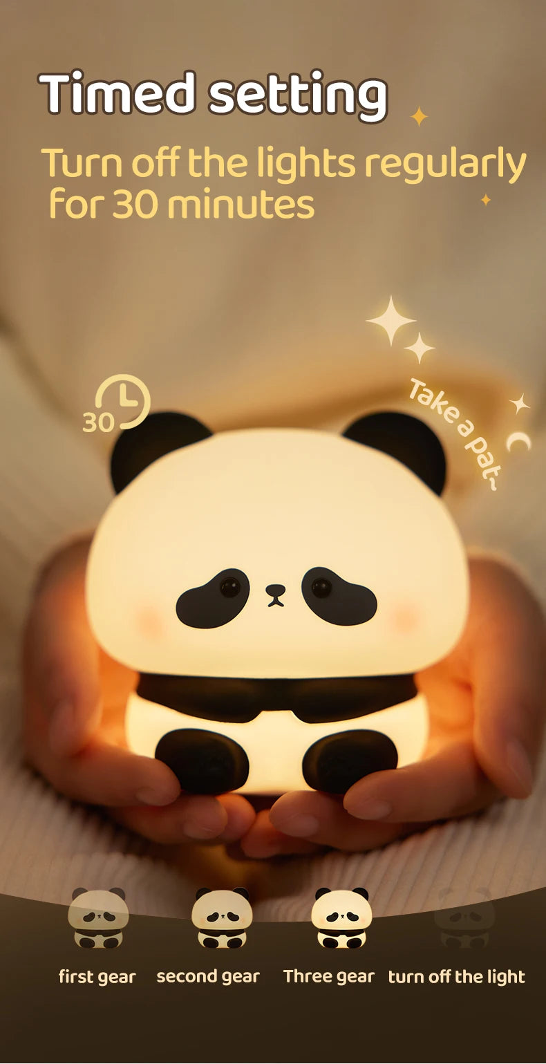 Cute Panda LED Night Light – Silicone Touch Lamp, USB Rechargeable with Timing Function, Perfect Gift for Children - Bilankas.world