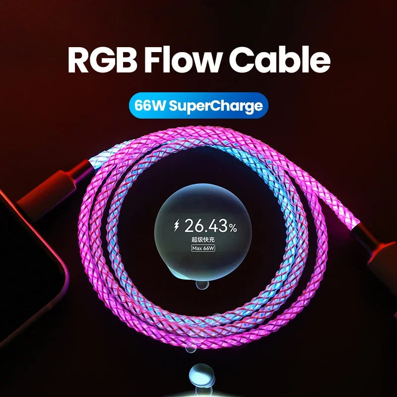 100W Fast Charging RGB Cable with Breathing Light – Type C USB Data Cable for Quick Charge