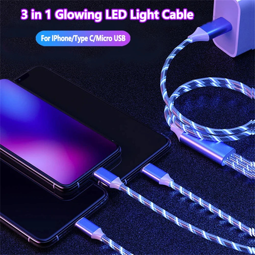 3-in-1 Glowing LED Light USB Cable – Fast Charging Luminous Charger for iPhone, Type-C, and Micro USB Devices