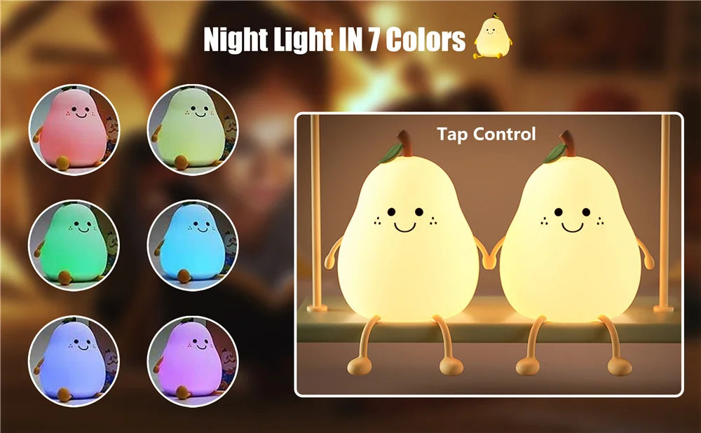 Cute Pear-Shaped Silicone Night Light – 7 Colors, Dimmable USB Charging Lamp, Perfect Gift for Kids’ Bedroom - Bilankas.world