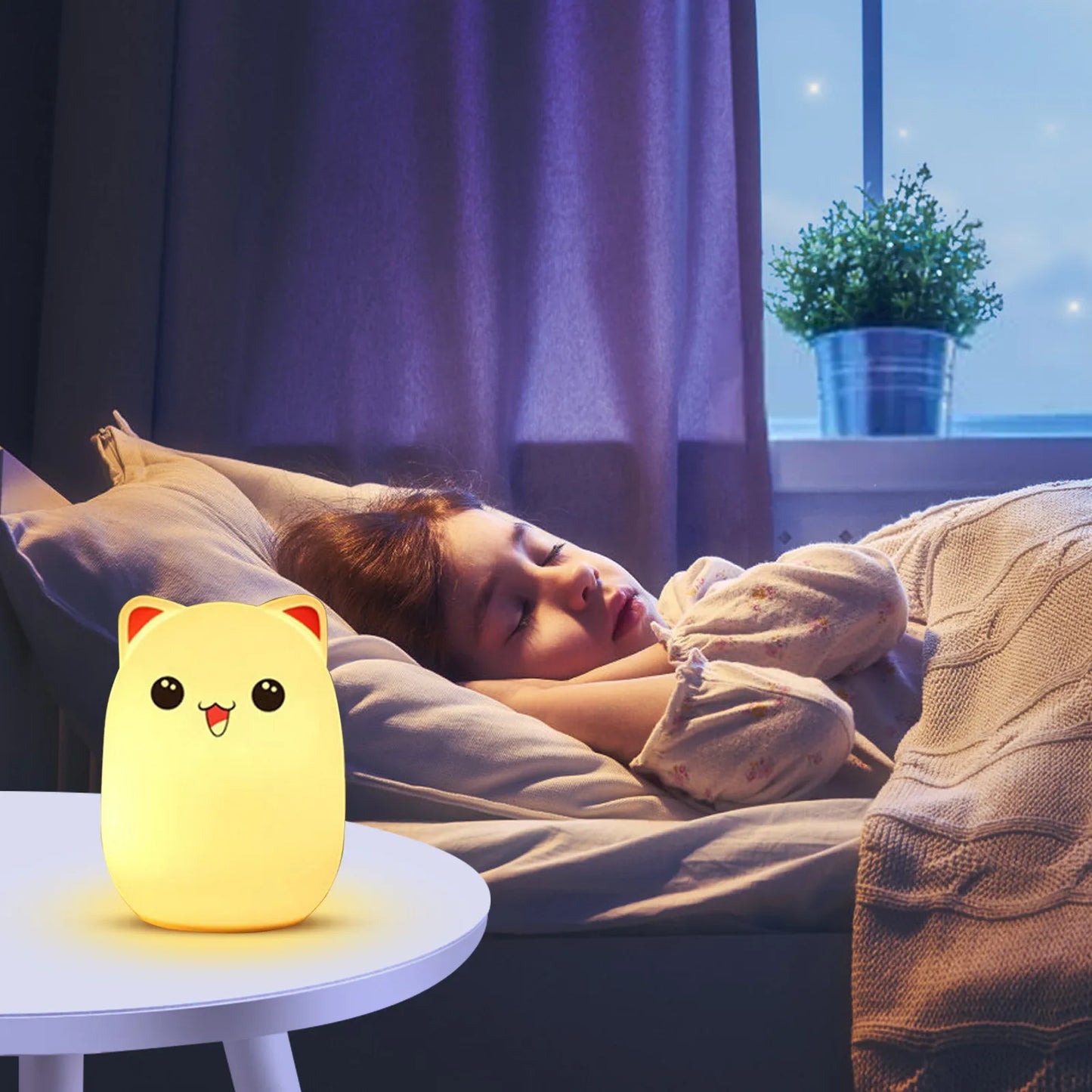 Adorable Cat LED Night Light – USB Rechargeable Silicone Lamp with Timer for Kids' Bedroom Decor