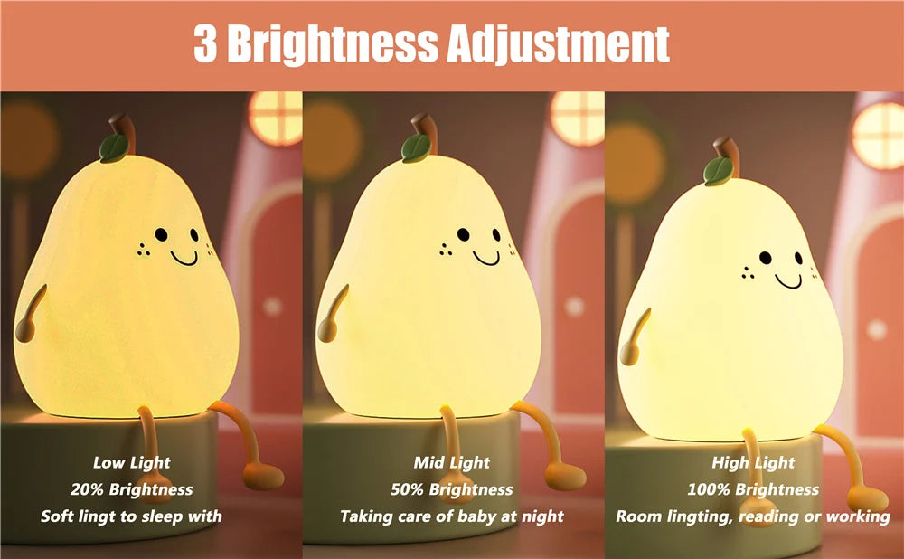 Cute Pear-Shaped Silicone Night Light – 7 Colors, Dimmable USB Charging Lamp, Perfect Gift for Kids’ Bedroom - Bilankas.world