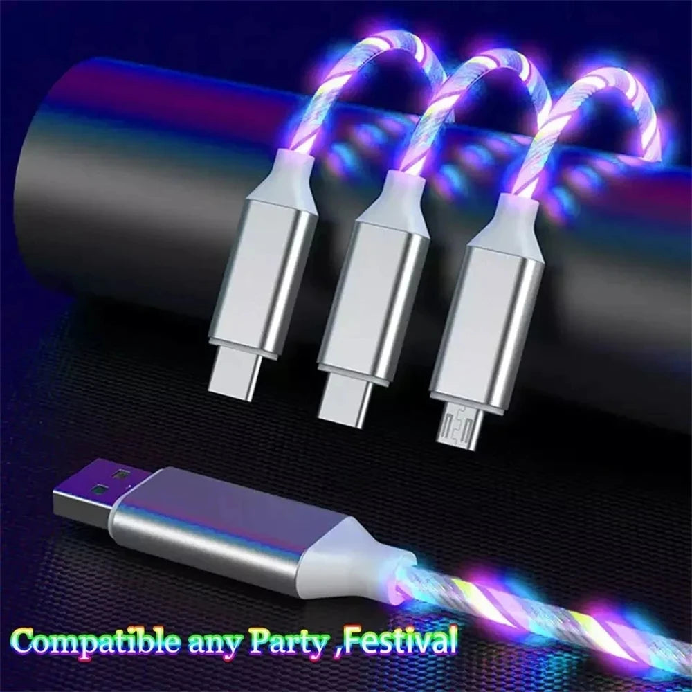 3-in-1 Glowing LED Light USB Cable – Fast Charging Luminous Charger for iPhone, Type-C, and Micro USB Devices