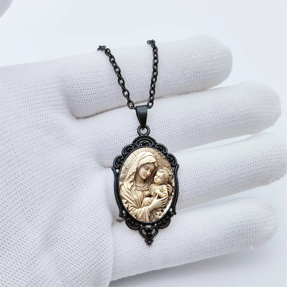 Elegant Mary Jewelry– Black Lace Oval Design with Handmade Glass Dome