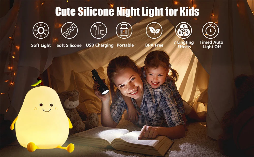 Cute Pear-Shaped Silicone Night Light – 7 Colors, Dimmable USB Charging Lamp, Perfect Gift for Kids’ Bedroom - Bilankas.world