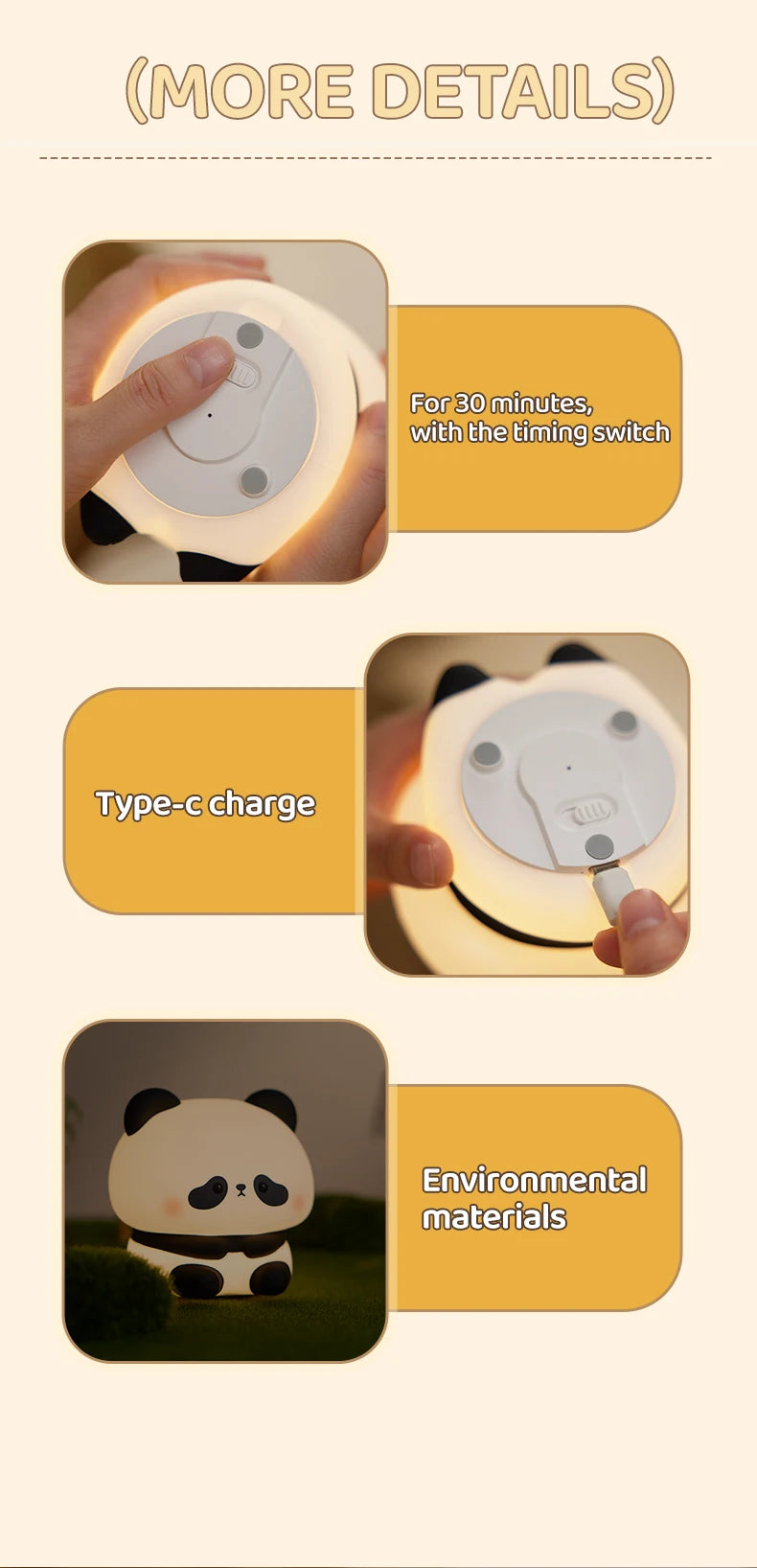 Cute Panda LED Night Light – Silicone Touch Lamp, USB Rechargeable with Timing Function, Perfect Gift for Children - Bilankas.world
