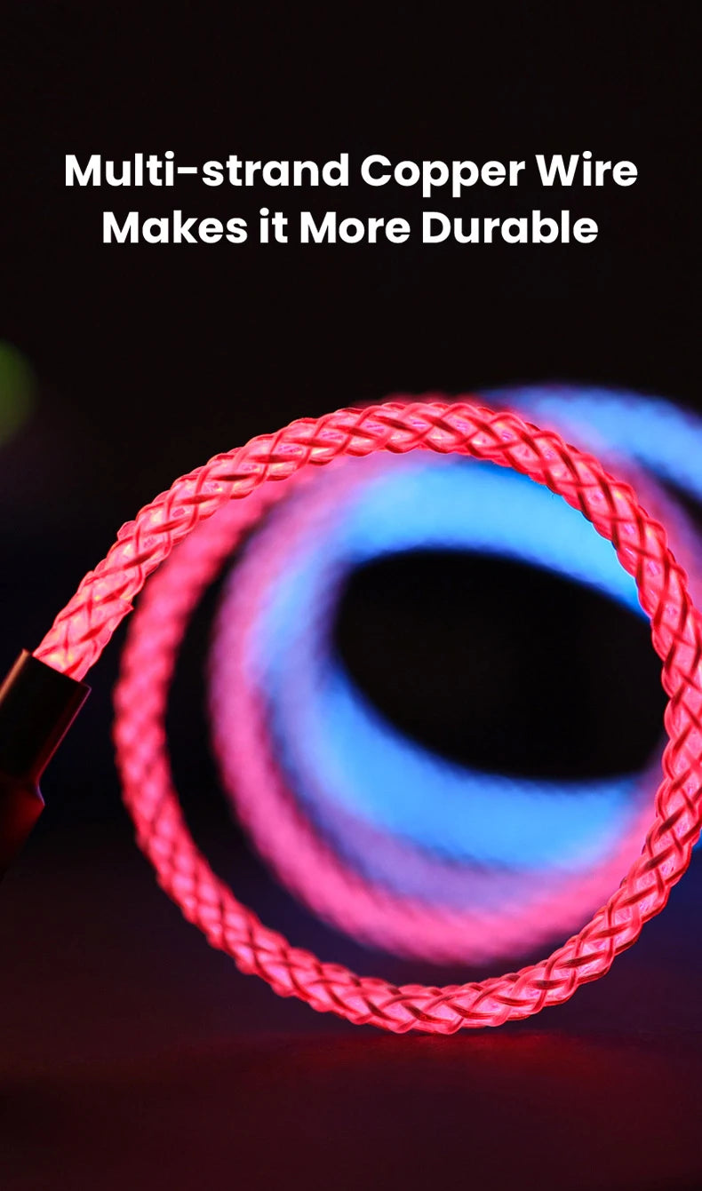 100W Fast Charging RGB Cable with Breathing Light – Type C USB Data Cable for Quick Charge