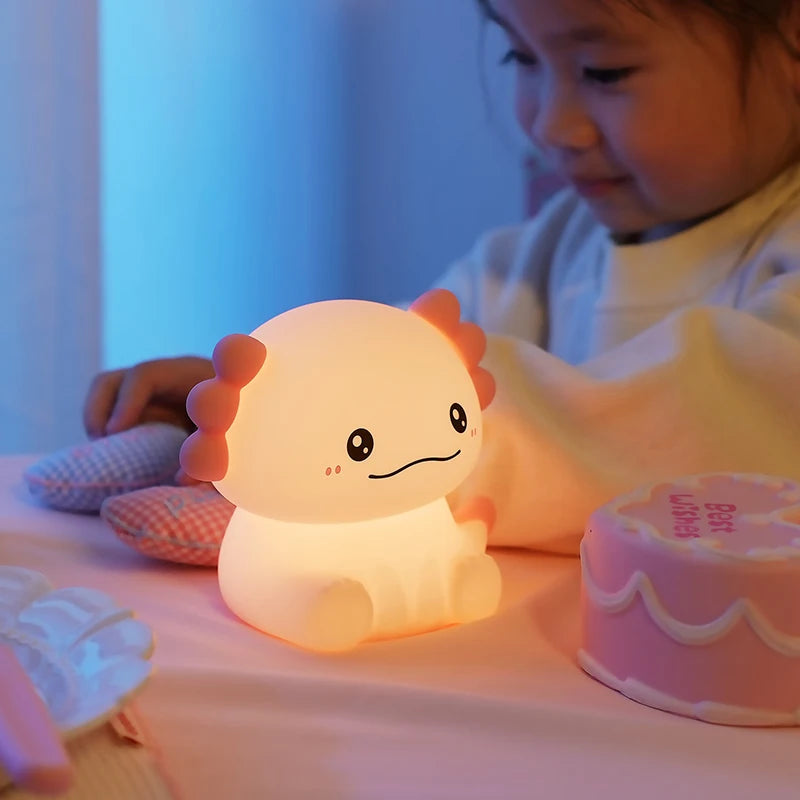 Pink Axolotl Night Light, Silicone LED Lamp | Rechargeable Touch Bedside Light for Kids