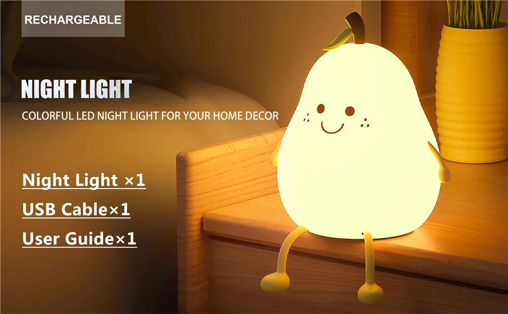 Cute Pear-Shaped Silicone Night Light – 7 Colors, Dimmable USB Charging Lamp, Perfect Gift for Kids’ Bedroom - Bilankas.world