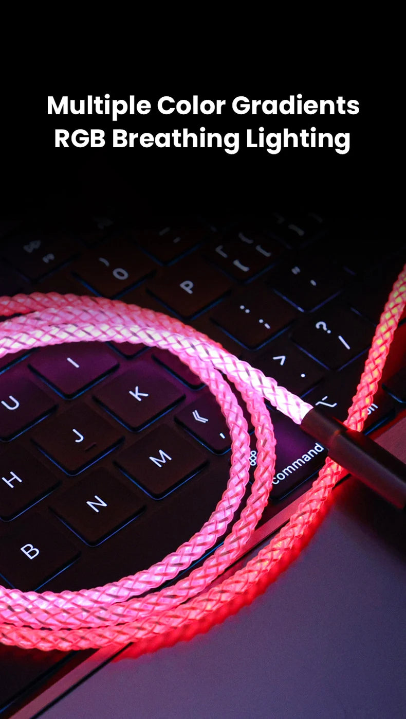 100W Fast Charging RGB Cable with Breathing Light – Type C USB Data Cable for Quick Charge