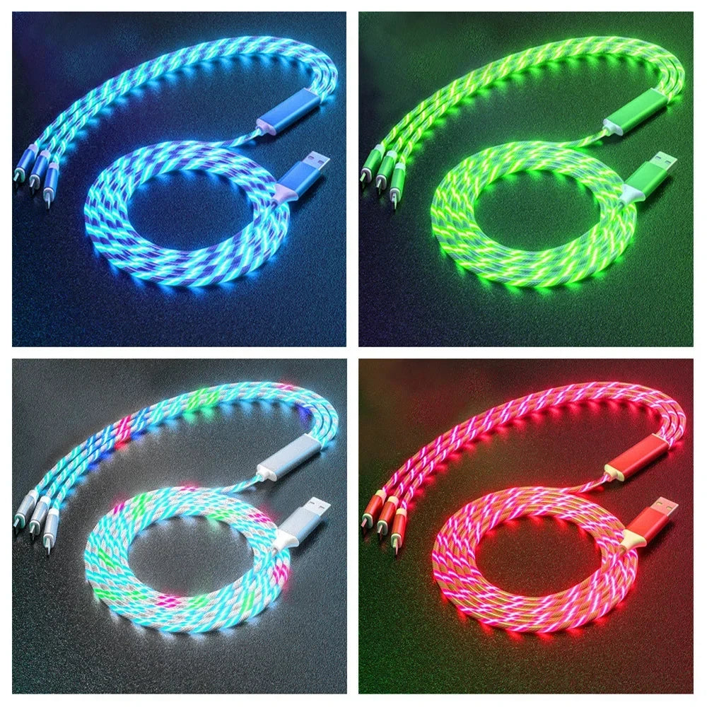 3-in-1 Glowing LED Light USB Cable – Fast Charging Luminous Charger for iPhone, Type-C, and Micro USB Devices