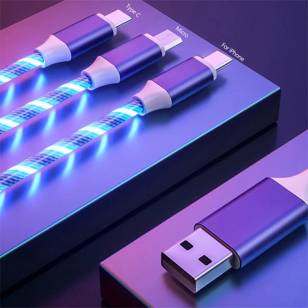 3-in-1 Glowing LED Light USB Cable – Fast Charging Luminous Charger for iPhone, Type-C, and Micro USB Devices