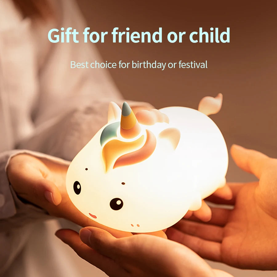 Rechargeable Silicone Unicorn LED Night Lamp with Remote Control – Dimmable Bedside Mood Light & Creative Gift - Bilankas.world