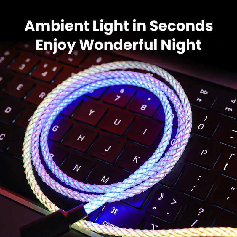 100W Fast Charging RGB Cable with Breathing Light – Type C USB Data Cable for Quick Charge