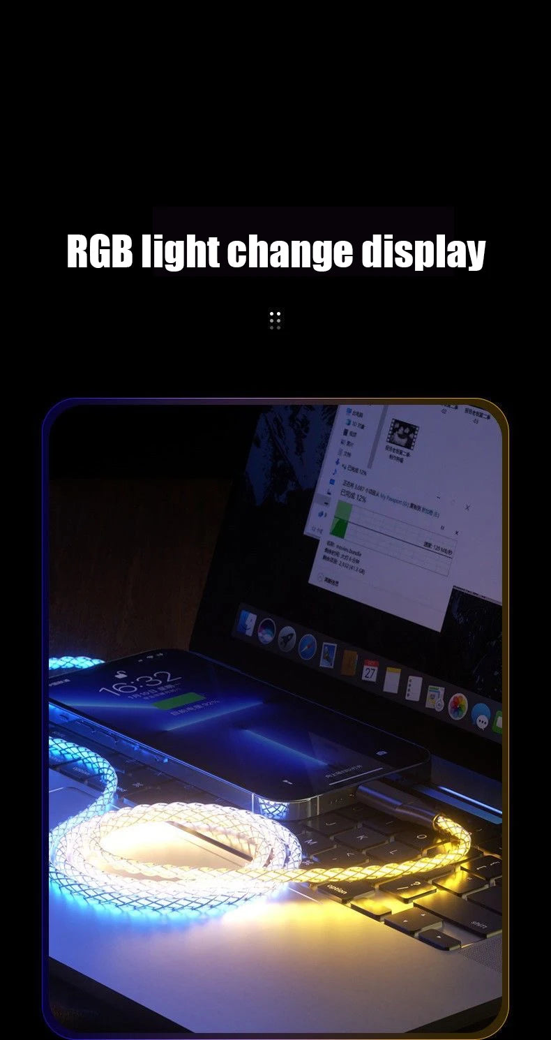 100W Fast Charging RGB Cable with Breathing Light – Type C USB Data Cable for Quick Charge