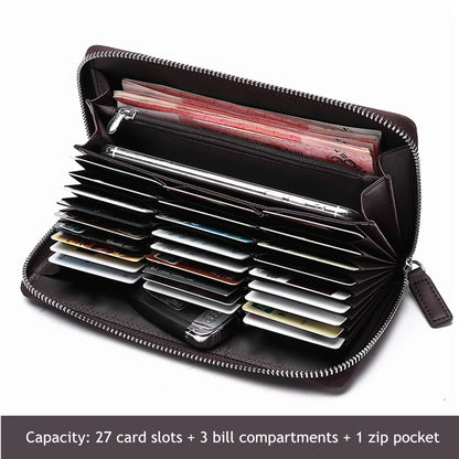 BISON DENIM Genuine Leather Long Wallet – RFID Blocking Zipper Purse with Coin Pocket and Passport Holder