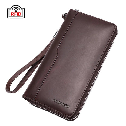 BISON DENIM Genuine Leather Long Wallet – RFID Blocking Zipper Purse with Coin Pocket and Passport Holder