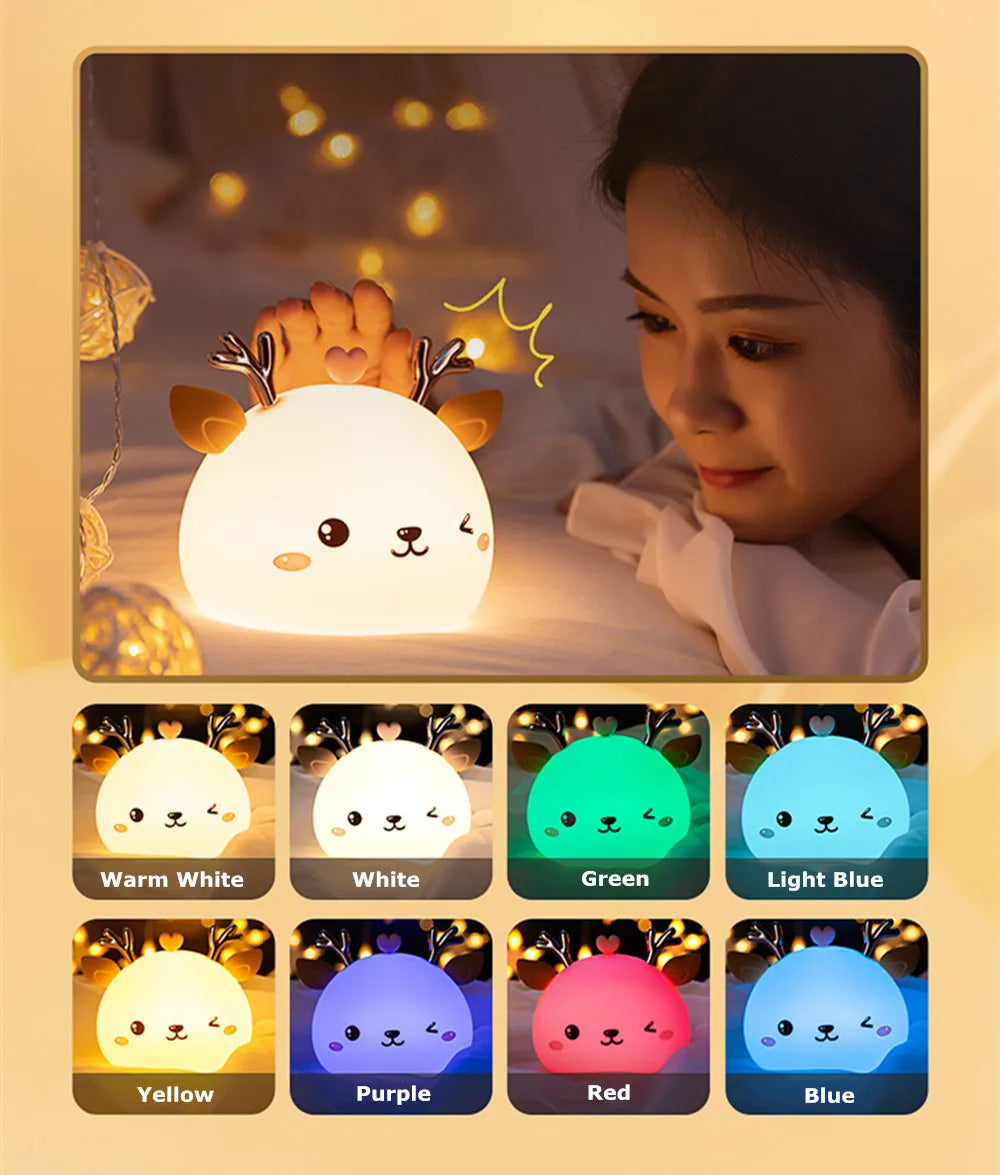 Love Deer Night Light – Touch Sensor & Remote Control Colorful LED Lamp | USB Rechargeable Gift for Kids, Baby Girls & Children