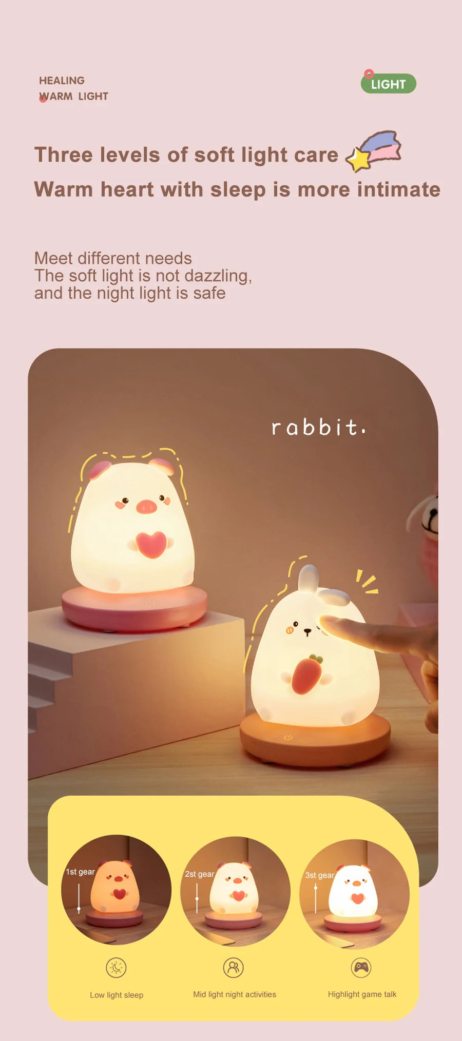 Adorable Animal LED Night Lights – Touch Sensor Dimmable Pig & Rabbit Lamp | Perfect Holiday Gift for Kids’ Bedrooms