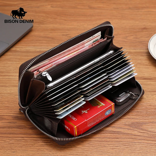 BISON DENIM Genuine Leather Long Wallet – RFID Blocking Zipper Purse with Coin Pocket and Passport Holder