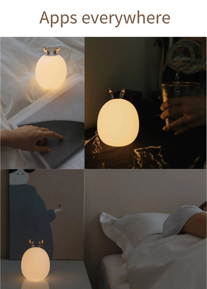 Enchanting Deer & Rabbit LED Night Light – Soft Silicone, Dimmable & USB Rechargeable | Cozy Gift for Kids' Bedrooms