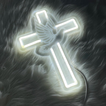 LED Cross & Dove Neon Sign, USB Wall Light | Faith-Inspired Decor for Bedroom and Living Space