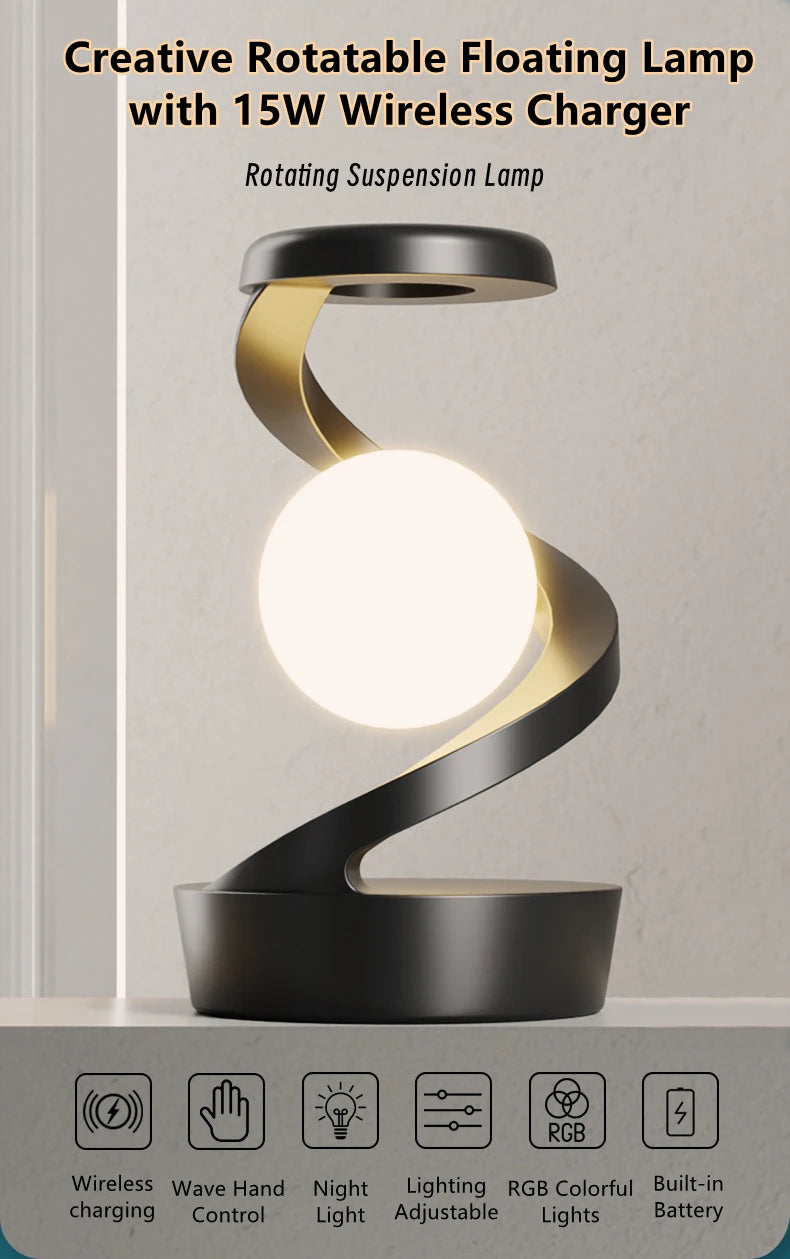 Creative Rotating Floating Table Lamp with 15W Wireless Charger & RGB Night Light – A Unique Gift for Any Occasion - Bilankas.world