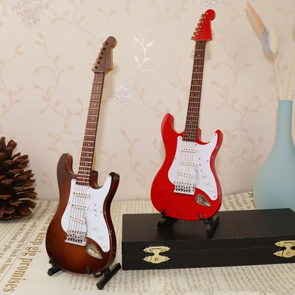 Mini Wooden Electric Guitar Model with Stand - Decorative Musical Instrument Gift Ornament