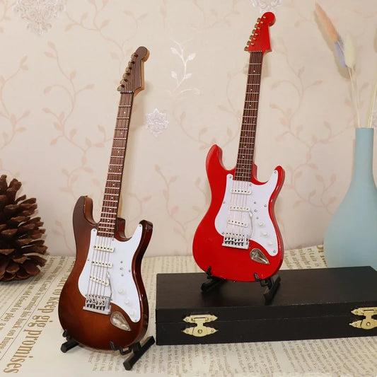 Mini Wooden Electric Guitar Model with Stand - Decorative Musical Instrument Gift Ornament