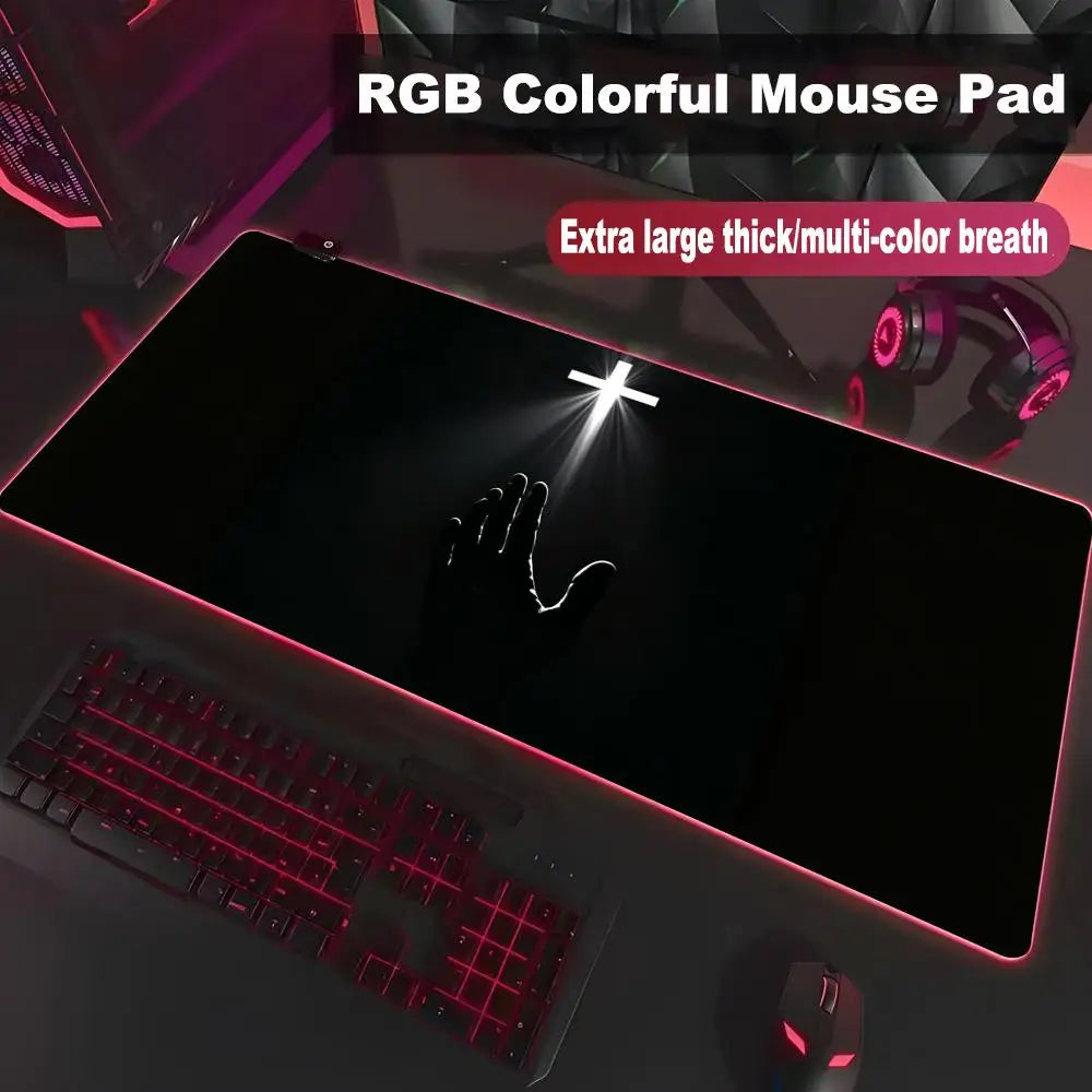 Faith Warrior RGB LED Gaming Mouse Pad, Jesus Holding Cross Luminous Desk Mat | XXL Non-Slip Gamer Keyboard Pad
