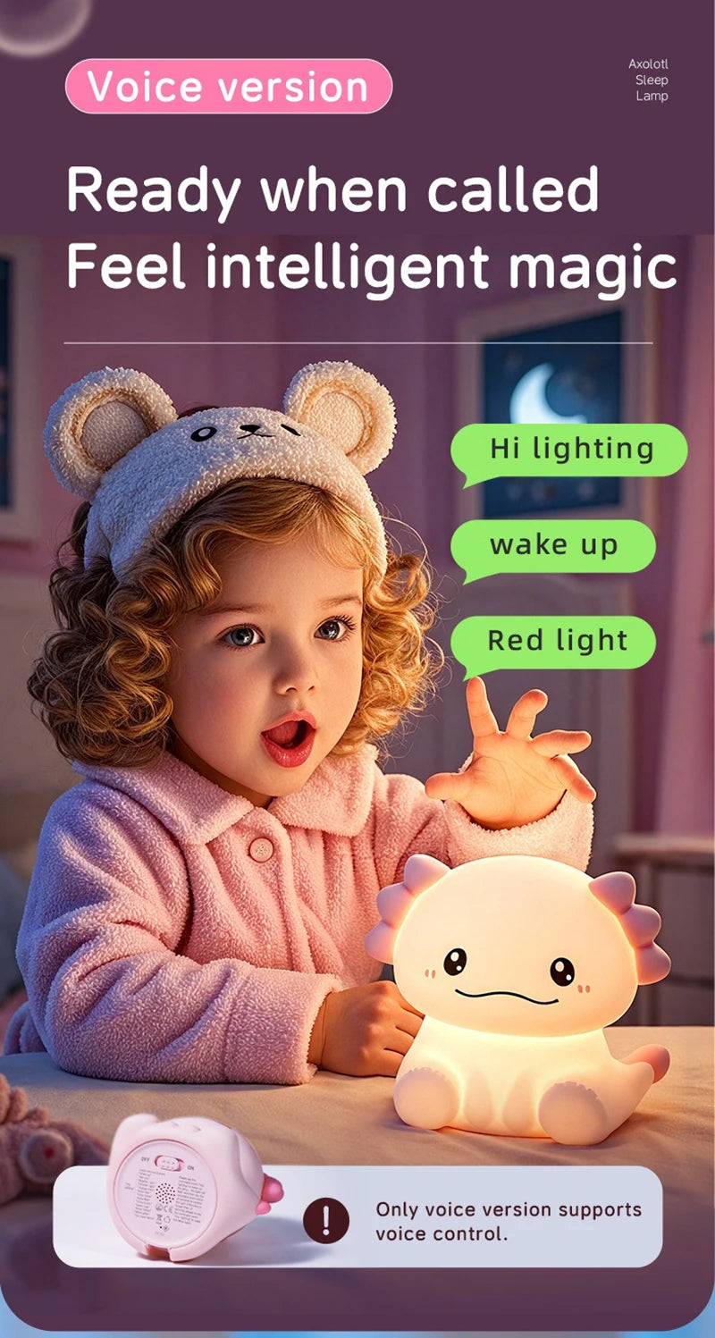 Pink Axolotl Night Light, Silicone LED Lamp | Rechargeable Touch Bedside Light for Kids