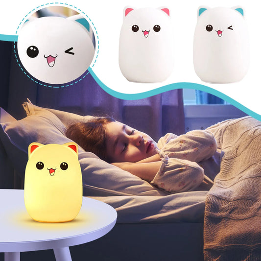 Adorable Cat LED Night Light – USB Rechargeable Silicone Lamp with Timer for Kids' Bedroom Decor