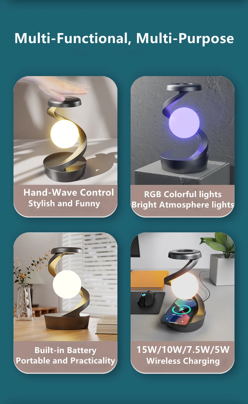 Creative Rotating Floating Table Lamp with 15W Wireless Charger & RGB Night Light – A Unique Gift for Any Occasion - Bilankas.world
